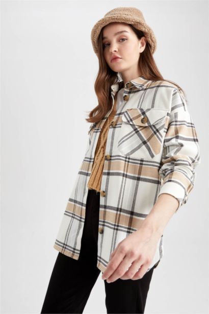Shirt Collar Checked Flannel Long Sleeve Tunic