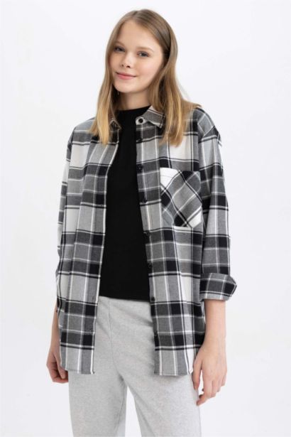 Coool Oversize Fit Checkered Long Sleeve Flannel Shirt