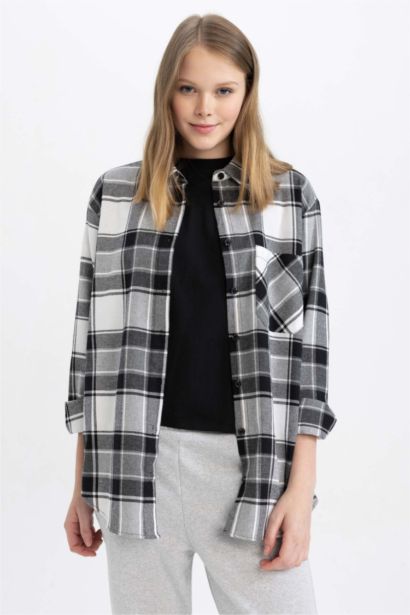 Coool Oversize Fit Checkered Long Sleeve Flannel Shirt