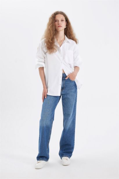 Oversıze Basıc Düğmeli Poplin Gömlek