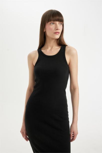 Bodycon Halter Yaka Fitilli Kaşkorse Basic Düz Kolsuz Midi Elbise