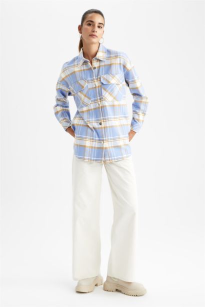 Oversize Fit Shirt Collar Flannel Long Sleeve Tunic