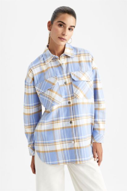 Oversize Fit Shirt Collar Flannel Long Sleeve Tunic