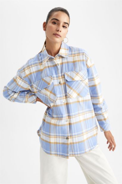 Oversize Fit Shirt Collar Flannel Long Sleeve Tunic