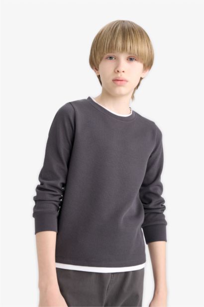 Boy Regular Fit Crew Neck Waffle Long Sleeve T-Shirt