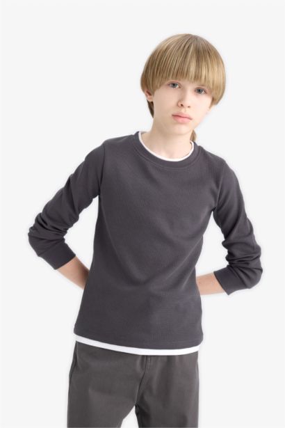 Boy Regular Fit Crew Neck Waffle Long Sleeve T-Shirt