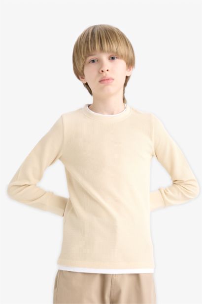 Boy Regular Fit Crew Neck Waffle Long Sleeve T-Shirt