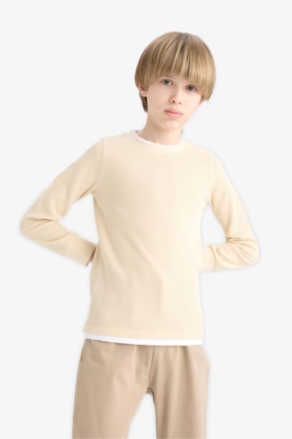 Boy Regular Fit Crew Neck Waffle Long Sleeve T-Shirt