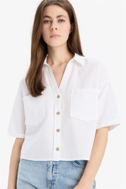 Boxy Fit Shirt Collar Linen Blended Short Sleeve Shirt