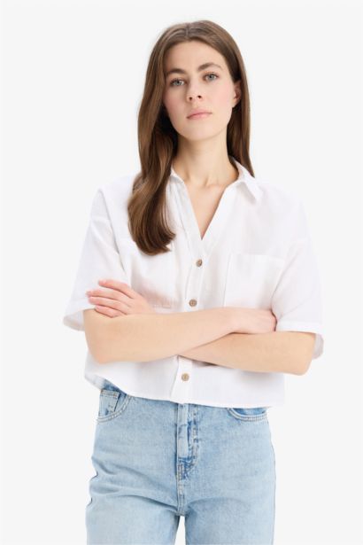 Boxy Fit Shirt Collar Linen Blended Short Sleeve Shirt