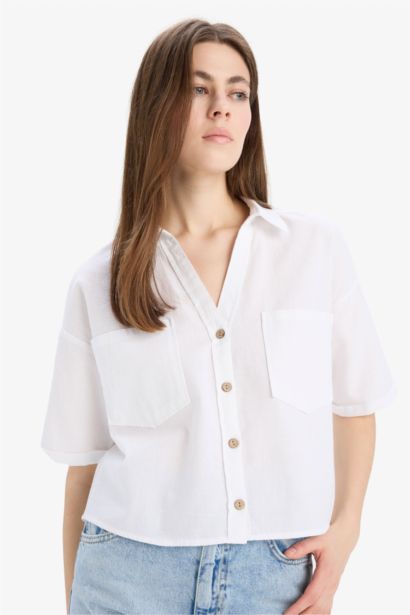 Boxy Fit Shirt Collar Linen Blended Short Sleeve Shirt