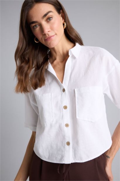 Boxy Fit Shirt Collar Linen Blended Short Sleeve Shirt
