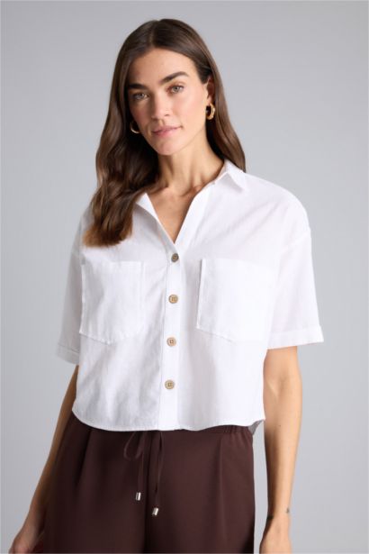 Boxy Fit Shirt Collar Linen Blended Short Sleeve Shirt