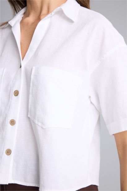 Boxy Fit Shirt Collar Linen Blended Short Sleeve Shirt