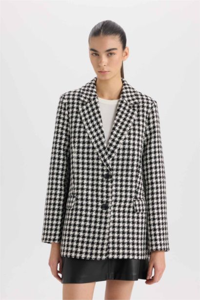 Oversize Geniş Kalıp Ceket Yaka Düğmeli Tweed Desenli Blazer Ceket