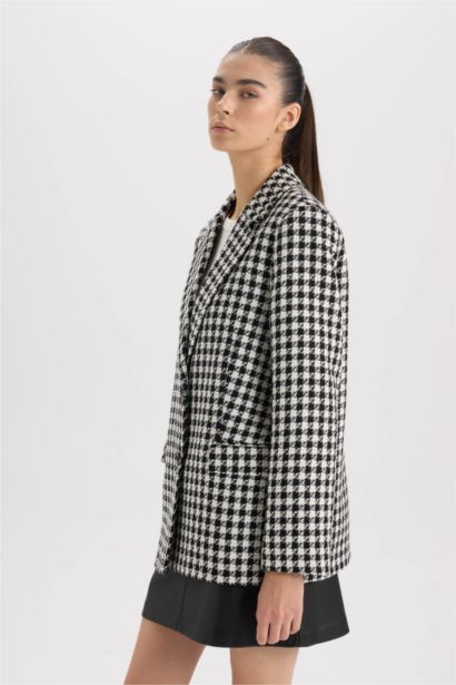 Oversize Geniş Kalıp Ceket Yaka Düğmeli Tweed Desenli Blazer Ceket