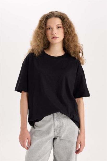 Oversize Fit Crew Neck Basic Black T-Shirt