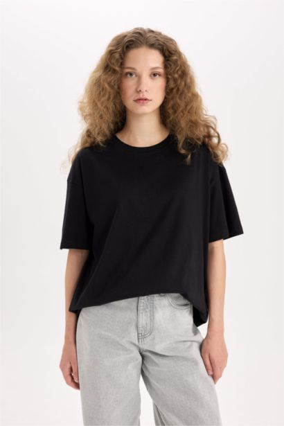 Oversize Fit Crew Neck Basic Black T-Shirt