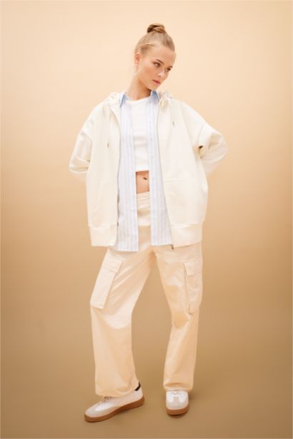 Oversize Geniş Kalıp Kapüşonlu Cepli Basic Düz Fermuarlı Sweatshirt