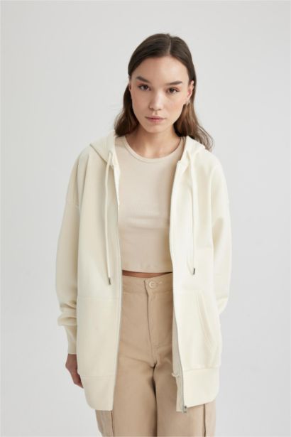 Oversize Geniş Kalıp Kapüşonlu Cepli Basic Düz Fermuarlı Sweatshirt