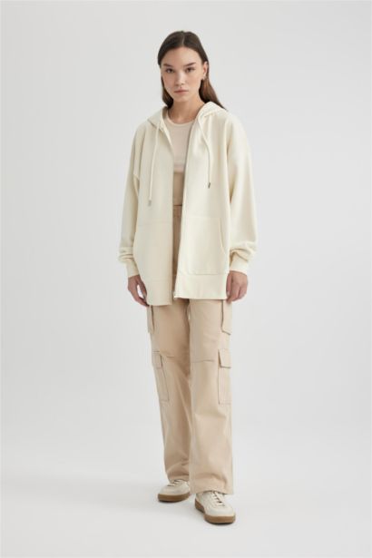 Oversize Geniş Kalıp Kapüşonlu Cepli Basic Düz Fermuarlı Sweatshirt