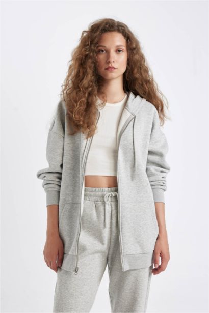 Oversize Fit Kangaroo Pocket Basic Zip-Up Hoodie