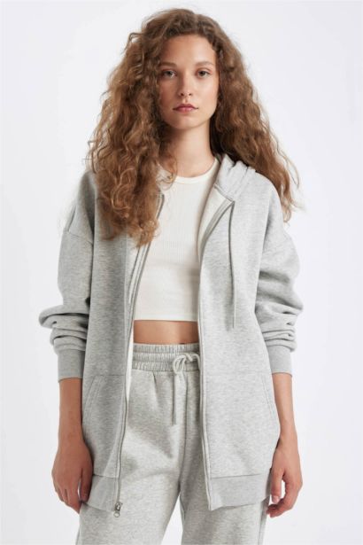 Oversize Fit Kangaroo Pocket Basic Zip-Up Hoodie