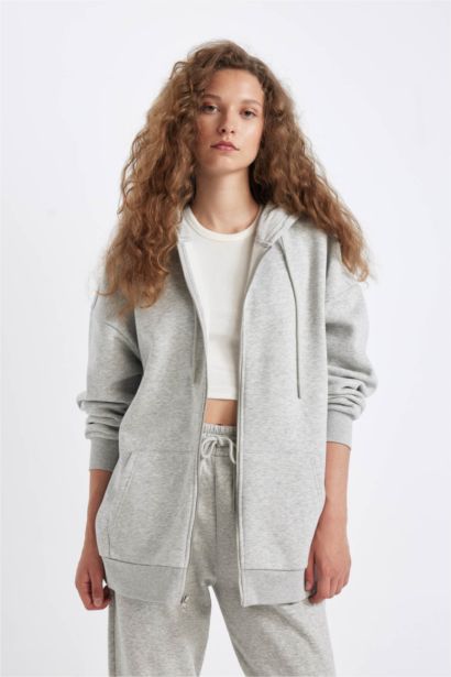 Oversize Fit Kangaroo Pocket Basic Zip-Up Hoodie