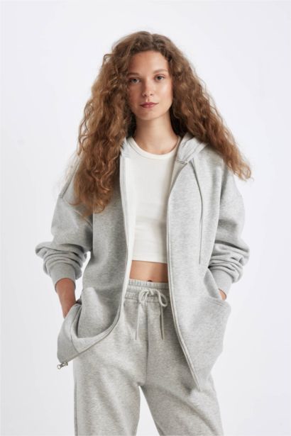 Oversize Fit Kangaroo Pocket Basic Zip-Up Hoodie