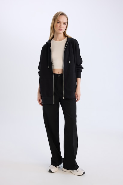 Oversize Fit Pocketed Basic Zippered Hoodie