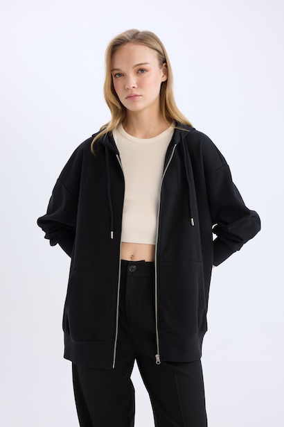 Oversize Fit Pocketed Basic Zippered Hoodie