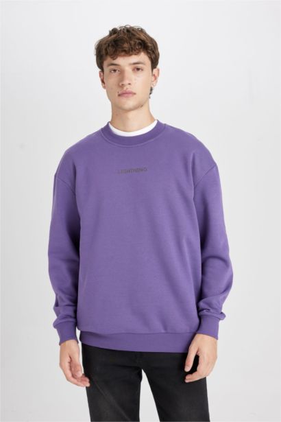Mor Boxy Fit Bisiklet Yaka Baskılı Sweatshirt