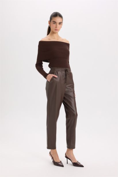 Jogger Kışlık Pantolon Yüksek Bel Cepli Standart Paça Suni Deri