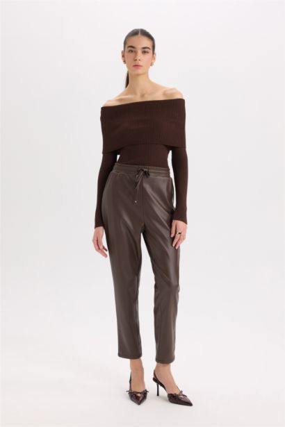 Jogger Kışlık Pantolon Yüksek Bel Cepli Standart Paça Suni Deri