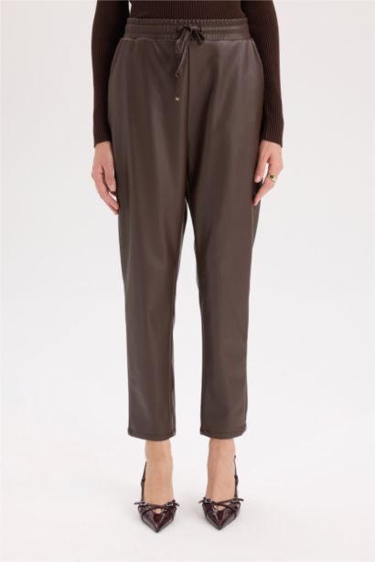 Jogger Kışlık Pantolon Yüksek Bel Cepli Standart Paça Suni Deri