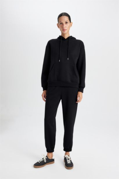 Relax Fit Kapüşonlu Kanguru Cepli Kalın Basic Düz Siyah Sweatshirt