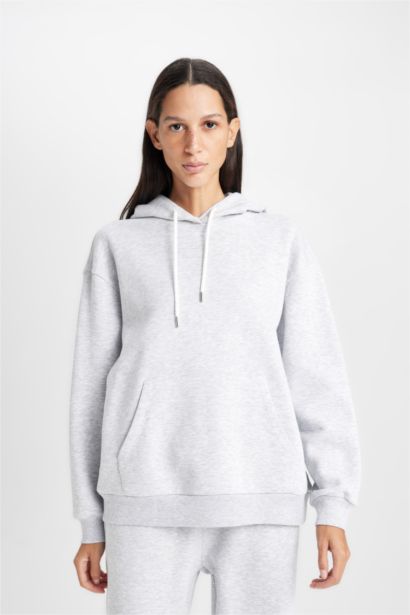 Relax Fit Kapüşonlu Kanguru Cepli Kalın Basic Düz Sweatshirt