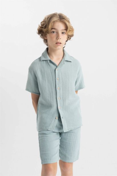 Boy Oversize Fit Polo Collar Muslin Short Sleeve Shirt