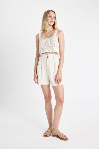 Relax Fit Linen Blended Paperbag Waist Shorts