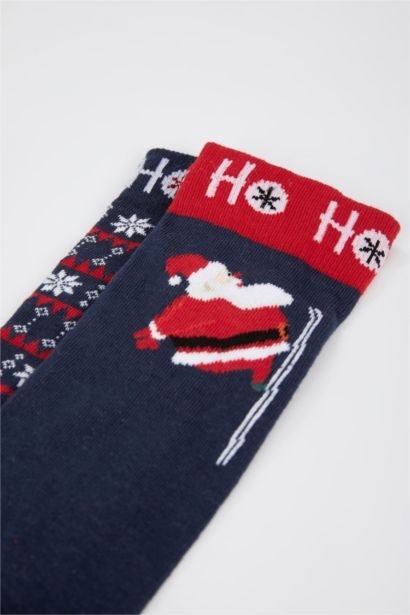 Erkek Yılbaşı Temalı Pamuklu 2'li Uzun Çorap