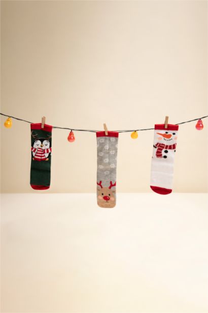 Kız Çocuk Yılbaşı Temalı Pamuklu 3'lü Uzun Çorap