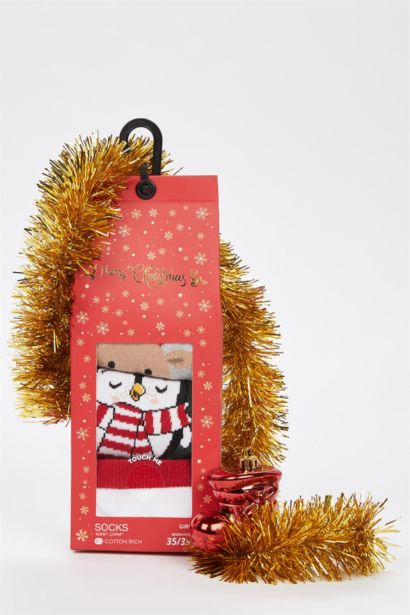 Kız Çocuk Yılbaşı Temalı Pamuklu 3'lü Uzun Çorap