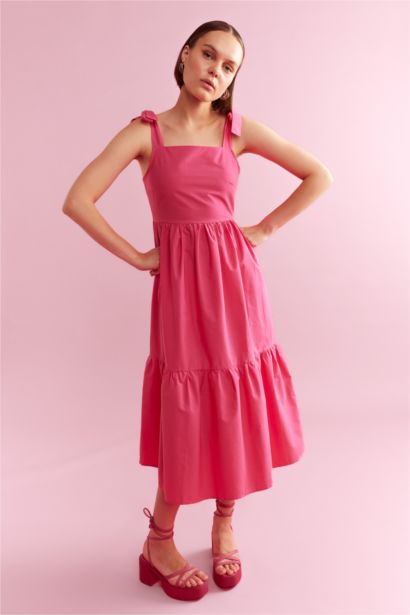 Square Collar Poplin Midi Dress