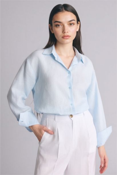 Льняная рубашка оверсайз с рубашечным воротником и длинным рукавом
