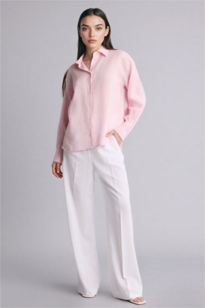 Льняная рубашка оверсайз с рубашечным воротником и длинным рукавом