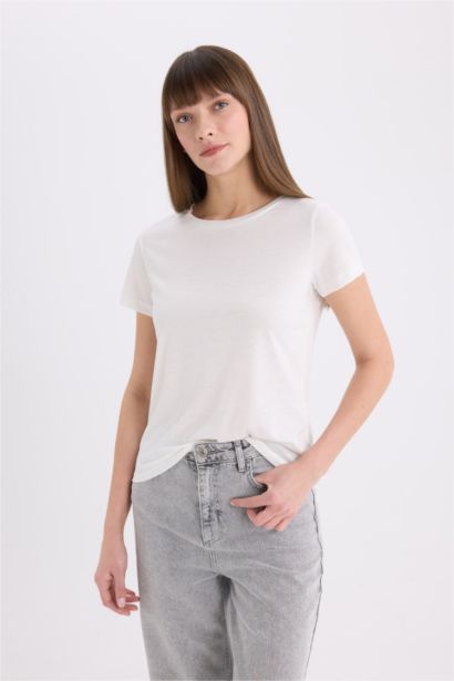 Regular Fit Bisiklet Yaka Basic Düz Kısa Kollu Beyaz Tişört