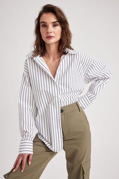 %100 Pamuk Oversıze Çizgili Poplin Gömlek