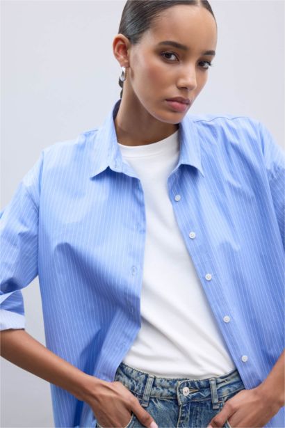 Oversize Fit Shirt Collar Poplin Striped Long Sleeve Shirt