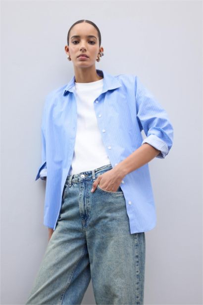 Oversize Fit Shirt Collar Poplin Striped Long Sleeve Shirt