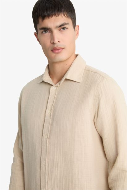 Regular Fit Polo Neck Muslin Long Sleeve Shirt